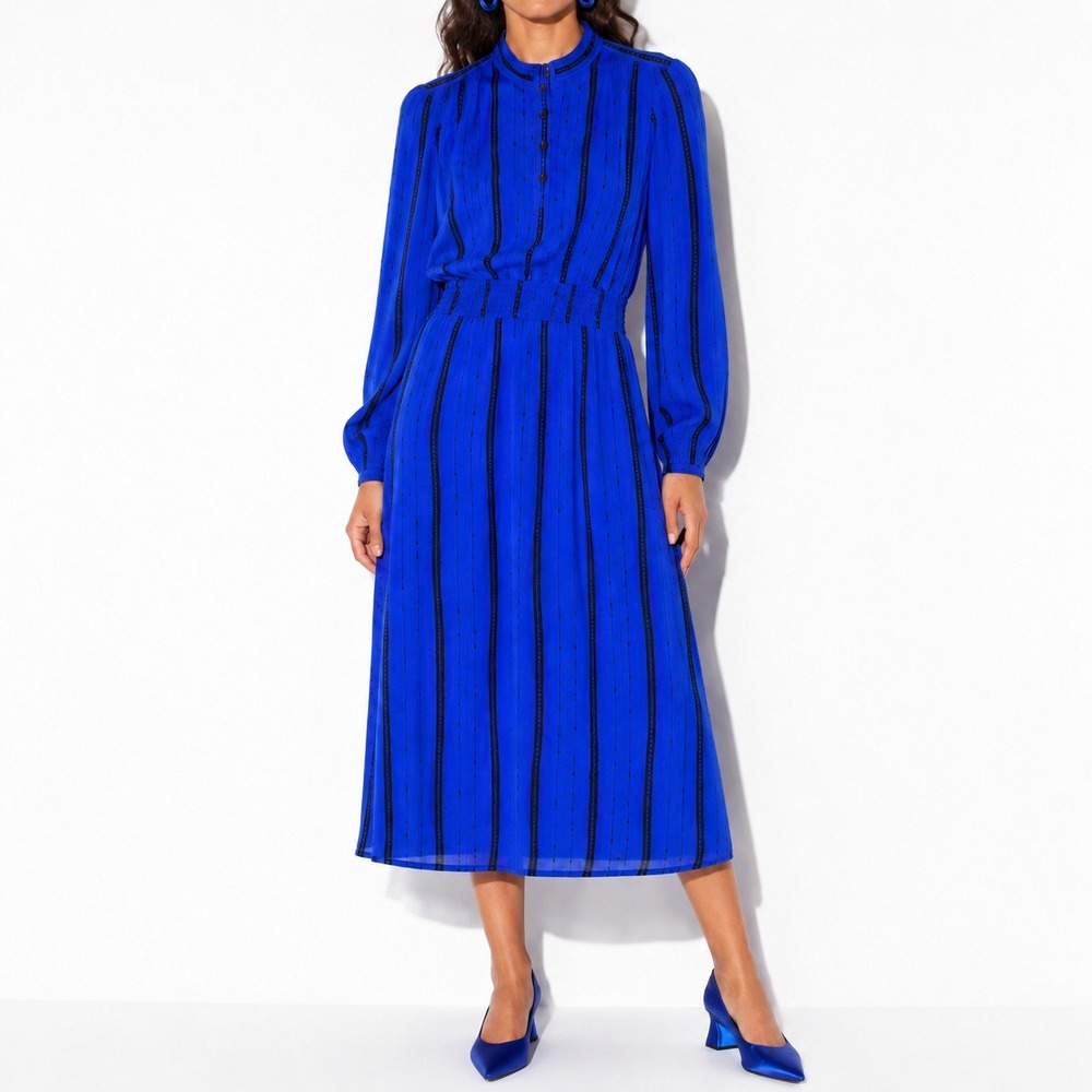 70s Vintage Geometric Print Dress Women 10 Cobalt Blue Sheer Smocked Waist Midi